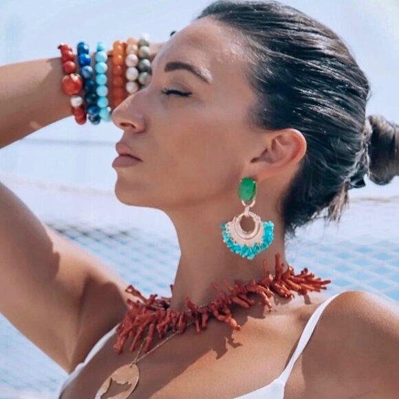 NWT Gold Natural Turquoise Gemstone Dangle Drop Statement Earrings - Picture 5 of 8